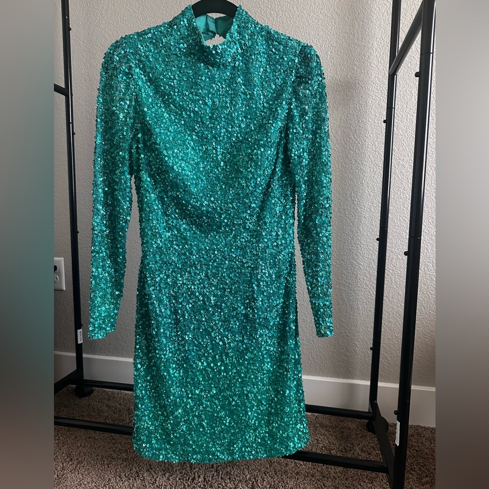 Ashley Lauren Sequined Long Sleeve Mini Dress in Jade - Picture 3 of 10